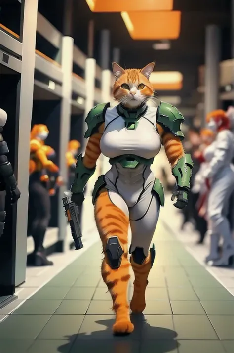 A 21 year old、Strong build、Wearing《Doom》Green Doom Marine armor、Full breasts、Strong tall female orange cat holding a giant futuristic rifle，walking down hallway of futuristic space station