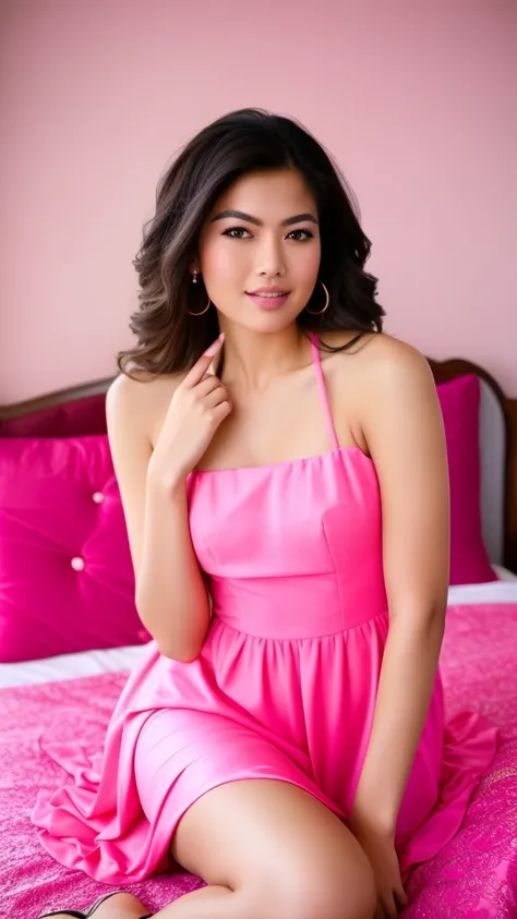 araffe woman in a pink dress sitting on a bed, solo photoshoot, actress, glamour pose, very seductive pose, modeling photography, by Max Dauthendey, modeling shoot, photoshoot, mid shot portrait, photoshoot for skincare brand, cute beautiful, beautiful cut...