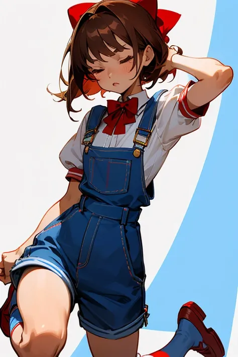 Light-skinned girl with fringed brown hair and a red bow in the back, wearing blue dungarees with a white short-sleeved shirt, blue shorts and knee-length socks, eyes closed, red shoes, background of a park with white sleeves, the elbows