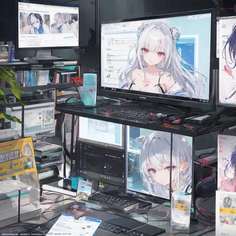 ((Best quality)), ((masterpiece)), (detailed), 1 girl, short off-shoulder sweater, attractive girl, monitor in place of the head, cursor on screen, slender legs, Violet eyes, albino, night time, white-haired, full length, Sex, hentai night. computer. inter...