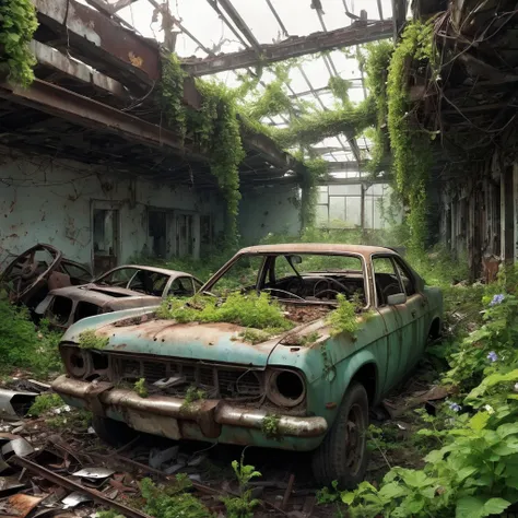 Create a captivating scene in the Abandoned Junk art style. Imagine a forgotten scrapyard on the outskirts of a post-apocalyptic city. The yard is filled with rusted cars, broken machinery, and piles of metal scraps, all overtaken by nature as vines and wi...