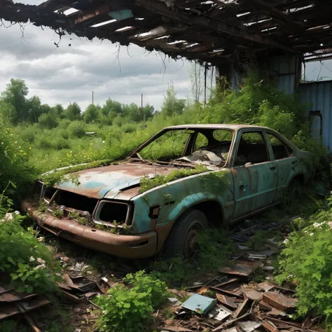 Create a captivating scene in the Abandoned Junk art style. Imagine a forgotten scrapyard on the outskirts of a post-apocalyptic city. The yard is filled with rusted cars, broken machinery, and piles of metal scraps, all overtaken by nature as vines and wi...