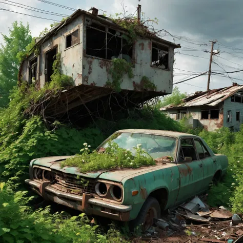 Create a captivating scene in the Abandoned Junk art style. Imagine a forgotten scrapyard on the outskirts of a post-apocalyptic city. The yard is filled with rusted cars, broken machinery, and piles of metal scraps, all overtaken by nature as vines and wi...