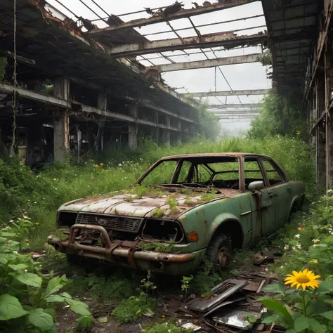 Create a captivating scene in the Abandoned Junk art style. Imagine a forgotten scrapyard on the outskirts of a post-apocalyptic city. The yard is filled with rusted cars, broken machinery, and piles of metal scraps, all overtaken by nature as vines and wi...