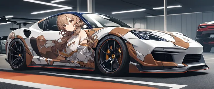 (Highest quality、Very detailed、Very detailed and beautiful、Ultra-high resolution) 、((A sports car with an anime girl printed on the hood))、Car wrapping,手前にしゃがんでいる制服姿のBrown Hair女子高生、{Brown Hair、short hair、Wavy Hair、Curly Hair、Low Twintails}, ,{Dark Blue Bla...