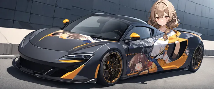 (Highest quality、Very detailed、Very detailed and beautiful、Ultra-high resolution) 、((A sports car with an anime girl printed on the hood))、Car wrapping,手前にしゃがんでいる制服姿のBrown Hair女子高生、{Brown Hair、short hair、Wavy Hair、Curly Hair、Low Twintails}, ,{Dark Blue Bla...