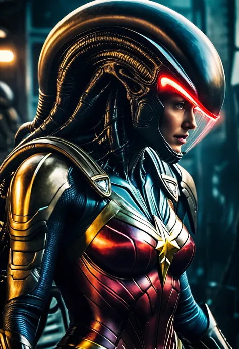 (((Very close up (((Xenomorfo Alien el octavo pasajero ///Traje Wonder Woman/// HD cinematic surreal image))),(((imagenes color Splash))),(((Xenomorfo Alien el octavo pasajero VS Wonder Woman)))