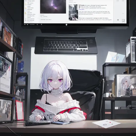 ((Best quality)), ((masterpiece)), (detailed), 1 girl, short off-shoulder sweater, attractive girl, monitor in place of the head, cursor on screen, slender legs, Violet eyes, albino, night time, white-haired, full length, Sex, hentai night. computer. inter...