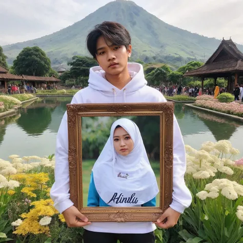 Seorang lelaki pemuda indonesia tampan pakai baju hoodie putih sedang memegang bingkai foto, di dalam bingkai tersebuar ada seorang wanita cantik pakai hijab