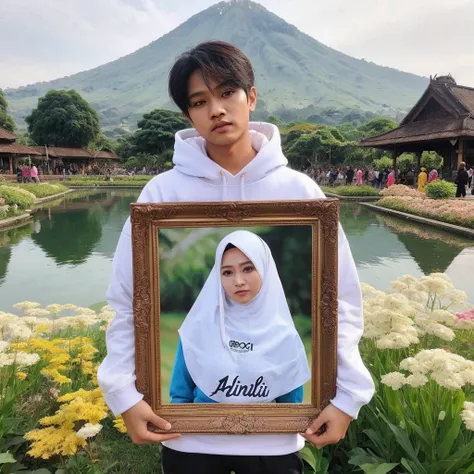 Seorang lelaki pemuda indonesia tampan pakai baju hoodie putih sedang memegang bingkai foto, di dalam bingkai tersebuar ada seorang wanita cantik pakai hijab