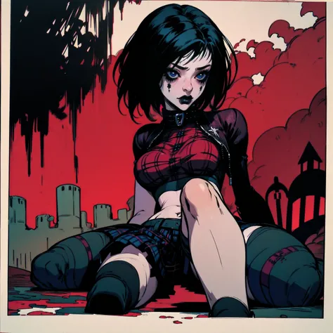 a woman with short black hair, hair on shoulders, wearing a black cropped and plaid skirt, blue eyes, zombie art, gothic art, cute aesthetic with vibe, toon aesthetic, wearing red costume, wearing gothic accessories, look like Cassie Hack, sitting on the g...