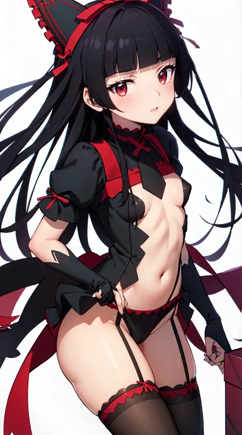 Rory Mercury, Rory Mercury, Black Hair, Blunt bangs, Hime cut, hair ornaments, Red lipstick, Long Hair, Cute face, compensate, (Small box:1.2), (Red eyes:1.5), break Gothic underwear, Perfect body (Small breasts:1.3), break in full growth, Red Shoes, break...