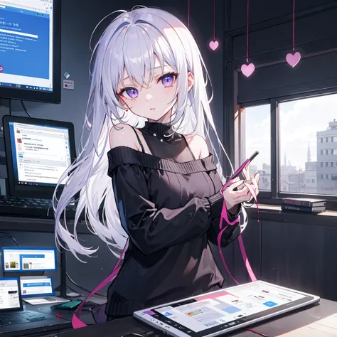 ((Best quality)), ((masterpiece)), (detailed), 1 girl, short off-shoulder sweater, attractive girl, monitor in place of the head, cursor on screen, slender legs, Violet eyes, albino, night time, white-haired, full length, Sex, hentai night. computer. inter...