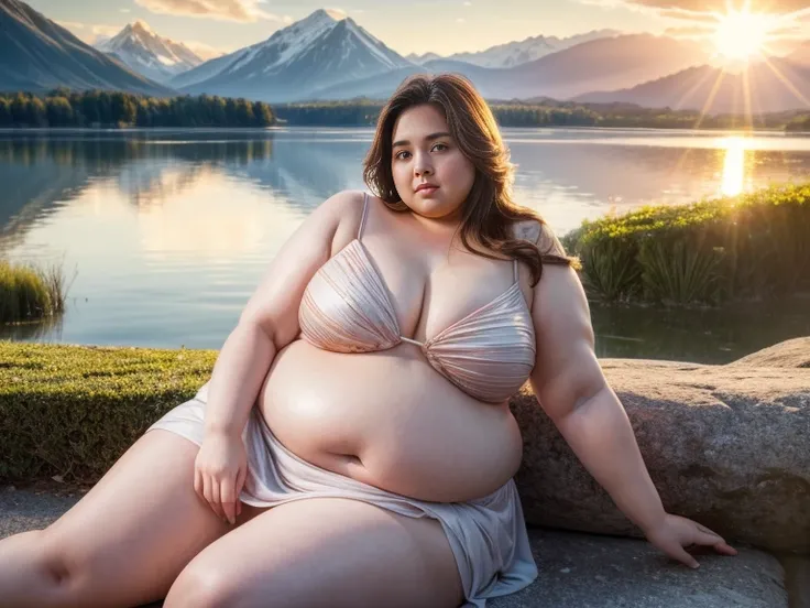 Rule_of_thirds, 1 girl, (extremely obese):1.5, (obese belly):2, (obese legs), fat rolls, SSBBW Adeline body, Serene expression, mesmerizing eyes, gorgeous supermodel face, flowing dress, porcelain skin, subtle blush, crystal pendant
BREAK
golden hour, (rim...