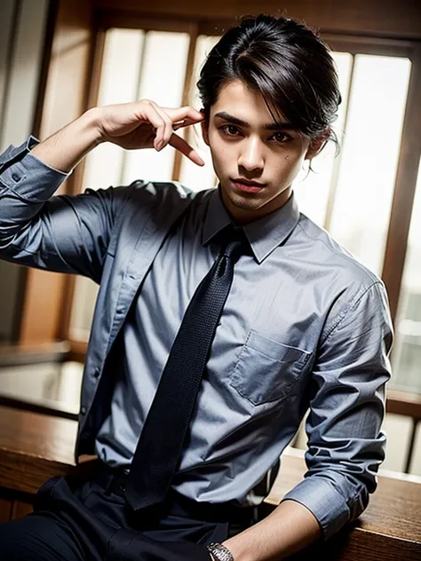 Young arabian man wearing grey shirt and tie looking at camera., Well-maintained model, Modern haircut, Adolescent male, Medium length young man, short hair on the head, award-winning style, Straight Hair, Beautiful young model, head shot photograph, Brown...