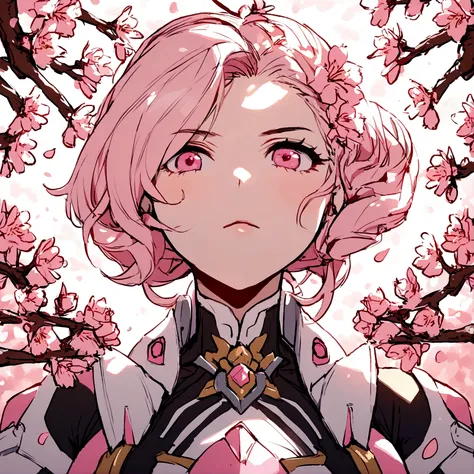 Pink mercy from overwatch surrounded by cherry blossoms