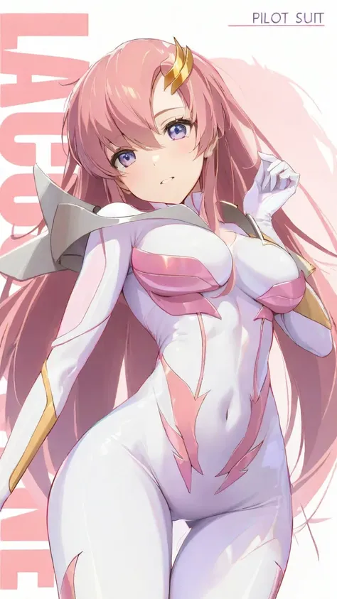 lacus clyne, (white Rubber bodysuit gold and pink lines, bodysuit, white gloves:1.3), 17 years old, height 1.5meters, chubby 34kg, light purple eyes, (pink hair:1.2), (long hair:1.4), (medium and soft breasts, Slender body, Small Ass:1.4), fair skin, (blue...