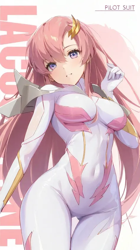 lacus clyne, (white Rubber bodysuit gold and pink lines, bodysuit, white gloves:1.3), 17 years old, height 1.5meters, chubby 34kg, light purple eyes, (pink hair:1.2), (long hair:1.4), (medium and soft breasts, Slender body, Small Ass:1.4), fair skin, (blue...