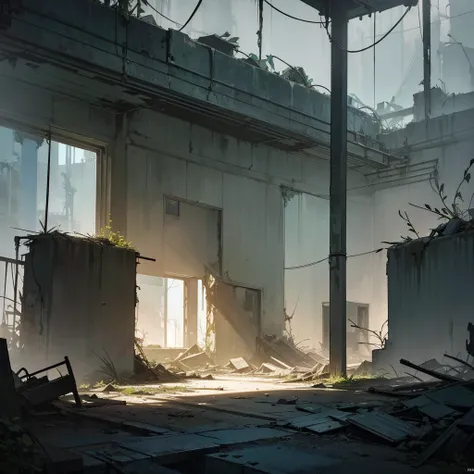 a decaying abandoned old military base, overgrown with vegetation, crumbling concrete structures, rusty metal, shattered windows, sunlight filtering through the decay, eerie atmosphere, cinematic lighting, dramatic shadows, muted color palette, gritty real...