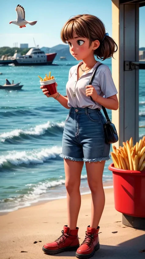 A seagull eats the fries that a girl is holding