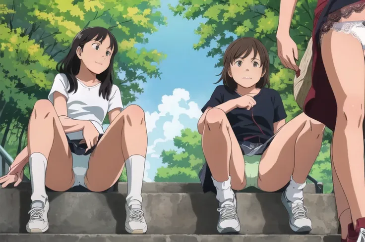 Highest quality, Ultra-high resolution, (Realistic: )2D official style cel animation,((three girls sitting in a row))mini skirt,Summer Shirts,(Lace panties),loose socks,sneakers,Full body portrait,(From below),Station stairs,sunny,Embarrassed face,Spread y...