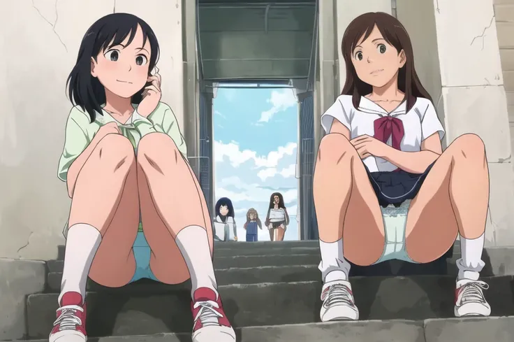 Highest quality, Ultra-high resolution, (Realistic: )2D official style cel animation,((three girls sitting in a row))mini skirt,Summer Shirts,(Lace panties),loose socks,sneakers,Full body portrait,(From below),Station stairs,sunny,Embarrassed face,Spread y...