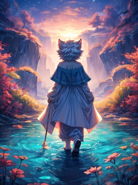 masterpiece,highest quality,1 white cat,walk on blue water,beautiful ripples,transparency,dreamlike digital painting, magical colors and atmosphere,soft movie-like light,pastel tones,(Highly detailed elegant),(4k anime style)