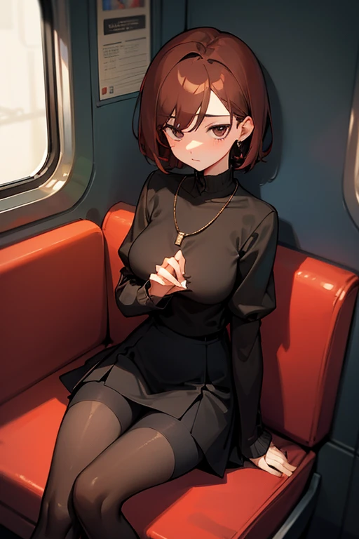 Reddish brown short length hair、Black high neck waffle knit top、Flared sleeves、Tight Skirt、Black Stockings、necklace、sitting in a train seat、tits、slender、