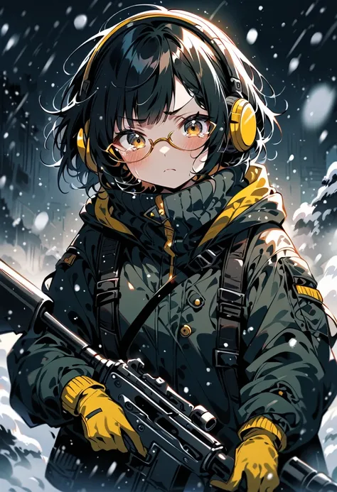 (extremely detailed fine touch:1.3), kawaii girl, (super very black short hair:1.3), (yellow glasses:1.3), underrim_metal, headphones, holding a rifle, falling snow, tearful, serious atmosphere, (snow:1.3)