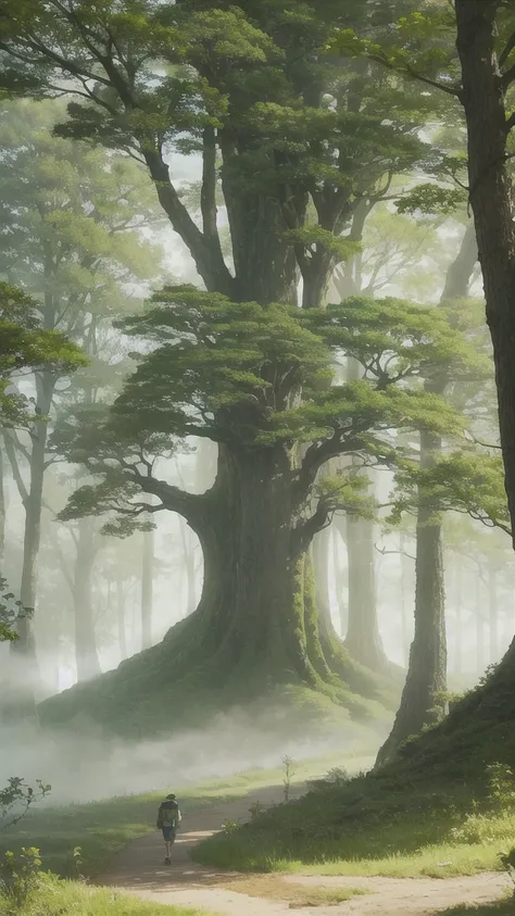 A mystical, misty forest filled with unique, bulbous trees with clusters of large green leaves, as two hikers venture through the eerie landscape.