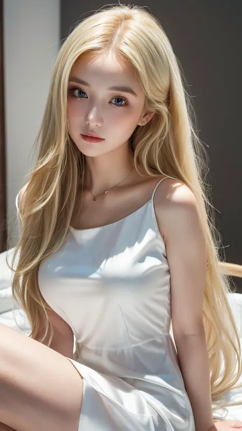 (((Blonde、forehead、long hair、White background、dress、Russia、Northern Europe、シンプルなWhite background、Light in face)))、masterpiece, Highest quality, 8k,, 20th Generation, (Large Breasts:1.2), Background is white,  cute, alone, sad, close, cute, Girlish, Delicat...