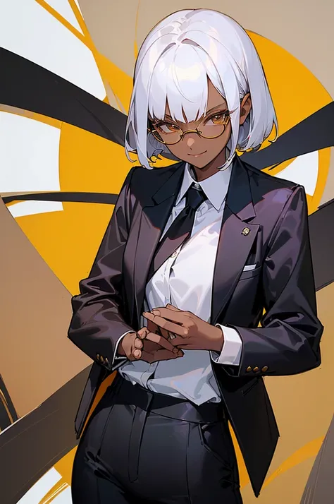 (highest quality、masterpiece:1.2) 1 Female、adult、((Dark skinned women、long white short hair、Hair over the ears)) Golden Eyes、Glasses、((Black business suit、Black tailored jacket、White shirt、Black pantsuit)) (Office Background) (Malicious smile) sharp eye
