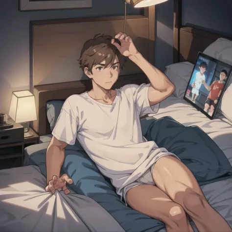 Boy, brown hair, boxers, lying on bed, holding ipad, night time, lamp,, bedtime, in bed 