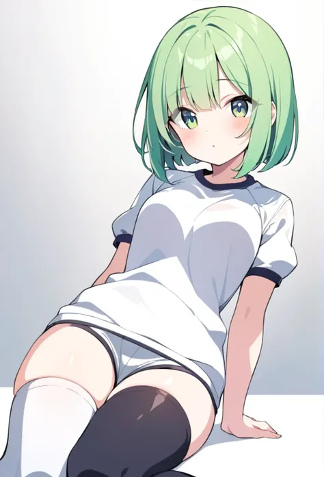 1 girl, cute, young, green hair, bob haircut, green eyes, gym clothes, thigh high,