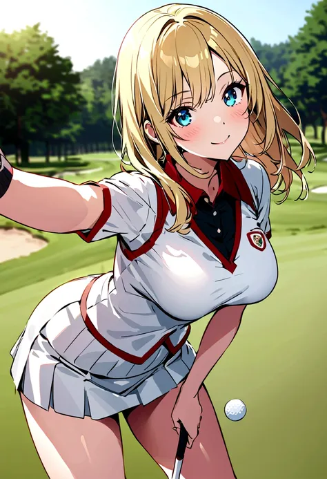 sound　high resolution　the beauty of 8k　woman playing golf　golf course　beautiful woman　semi-long　blonde　white　golf wear　mini skir...