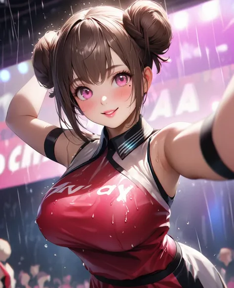 One Girl、Looking at the audience、lovely, Beautiful pink eyes、Two brown double hair buns , Mole under the eye、Plump and glossy lips、Heart-shaped choca、Dance team uniforms、Her name is May, smile、ー、。.。.。.。.。.。.。.。.。.。.。.。.。.。.。.。.。.。.3D、Realistic、 Dance team ...