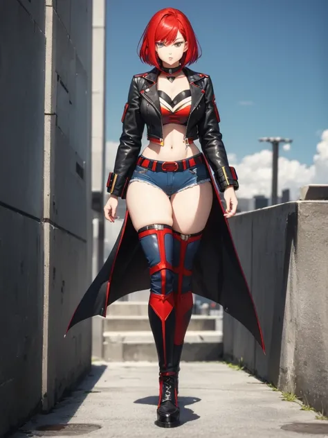 alone woman // super heroine // short shorts, top with neckline, high boots and open jacket // cut red hair // yellow eyes // full body // exposed belly // big breasts (G cup) // red-haired