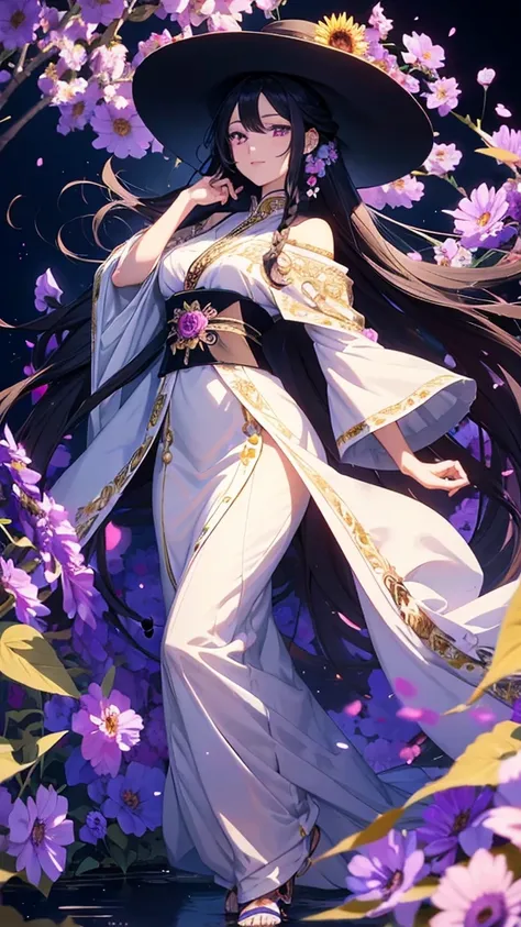 anime illustration in the style of elegant and beautiful Lady with long black hair in braids wears ander a big hat decorated with flowers, she has purple eyes and is wearing a elegant colored furisode. the background depicts a magical garden filled with bl...