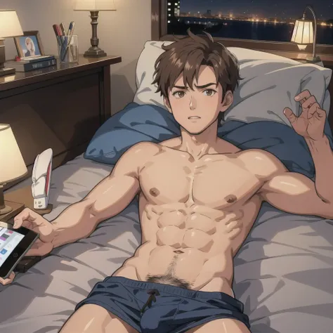 Boy, brown hair, boxers, lying on bed, holding ipad, night time, lamp,, bedtime, in bed 