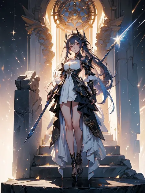 Design a layout showcase Gaming character, (1girl). Golden+Purle clothes, stylish and unique, ((showcase weapon:1.4)), magic staff, (masterpiece:1.2), (best quality), 4k, ultra-detailed, (Step by step design, layout art:1.5), (luminous lighting, atmospheri...