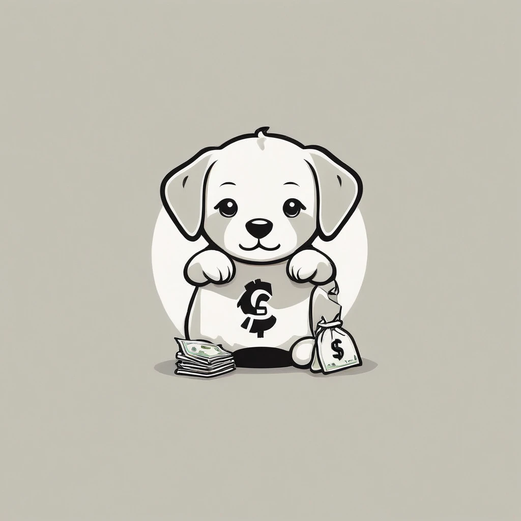 Draw a logo about a cute puppy holding a money bag，Black logo，minimalism，
