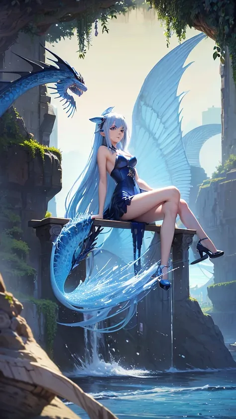 A cartoon image of a woman in a blue dress sitting on a broom over the waves., Two water dragons emerged from the waves. , Anime girl walking on water, Makoto Shinkai Cyril Rolando, blue water anime wallpaper, clean Detailed anime art, Epic anime artwork, ...