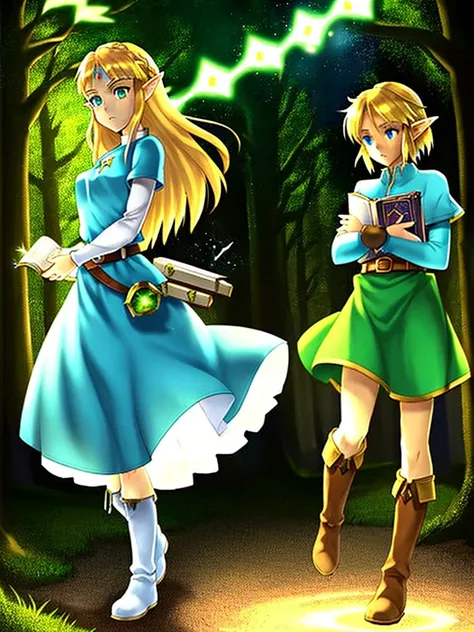 Princess Zelda, 1 girl, artist request, belt, blonde hair, blue shirt, book, boots, expressionless, full body, green eyes, height, look at viewer, magic, Nintendo, trousers, pointed ears, shirt, short hair, simple background, alone, The Legend of Zelda, Th...