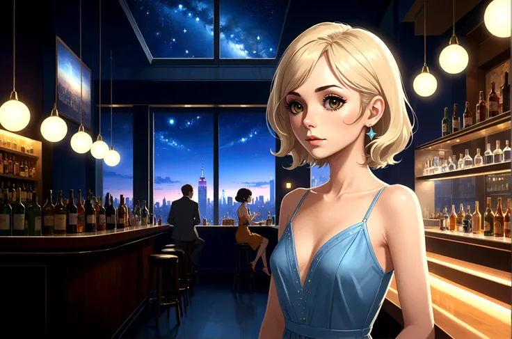 Uses Makoto Shinkai&#39;The depiction is perfect,Portrait of Cher Lloyd,8k 4k masterpiece photo ,new york,Glass ceiling jazz bar,I can see the twinkling stars through the glass window.,that&#39;Outside in the dark night,Jazz is playing,profile,Beautiful pr...