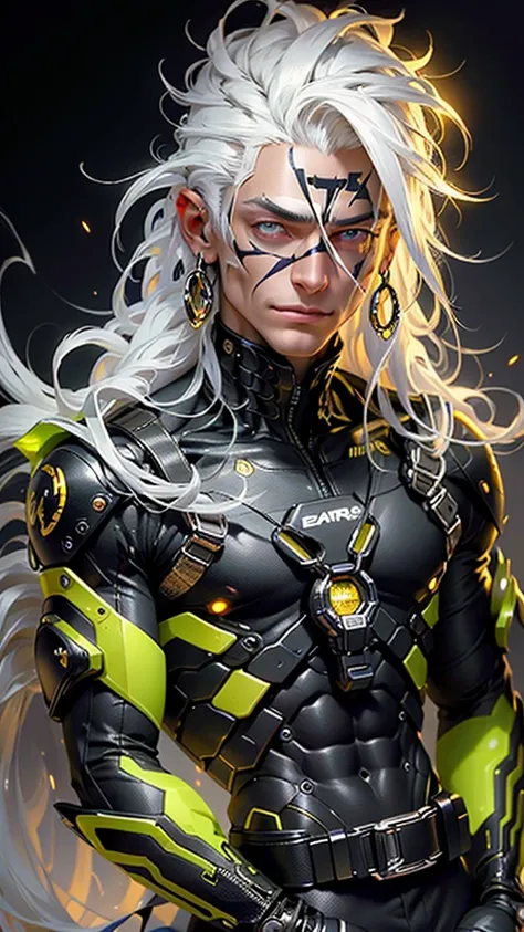 Generate an image of a detailed extreme close-up of a handsome cybernetic male angel , with long straight white hair and super fined detail radiant gold/black eyes color combination with intricate engraved golden marking on his face , smirking expression t...