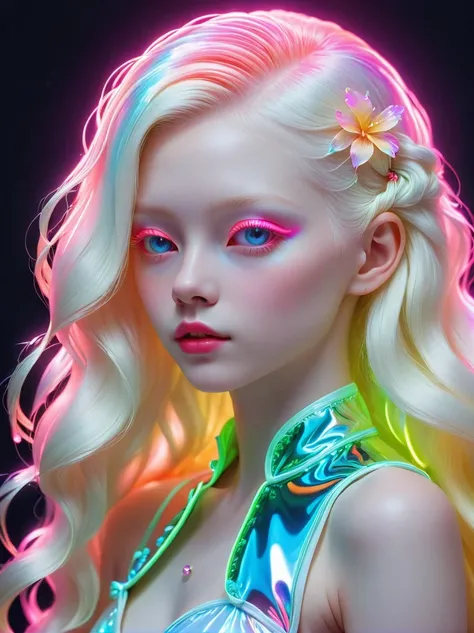 Neon, (发光的Neon玻璃制成的招牌)，透明Neon材质，Gloss，Refraction Details，Albino girl，长须Neon线水母在头上，Long hair doll，(发光Neon线制成的长裙:1.5)，Renaissance，Baroque，Psychedelic，romantic，neon palette, pale color, 1nhdg1