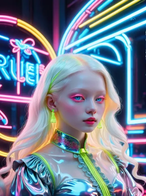 Neon, (发光的Neon玻璃制成的招牌)，透明Neon材质，Gloss，Refraction Details，Albino girl，长须Neon线水母在头上，Long hair doll，(发光Neon线制成的长裙:1.5)，Renaissance，Baroque，Psychedelic，romantic，neon palette, pale color, 1nhdg1