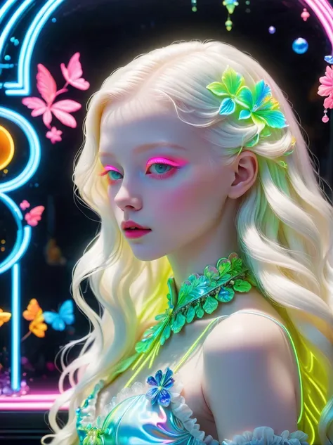 Neon, (发光的Neon玻璃制成的招牌)，透明Neon材质，Gloss，Refraction Details，Albino girl，长须Neon线水母在头上，Long hair doll，(发光Neon线制成的长裙:1.5)，Renaissance，Baroque，Psychedelic，romantic，neon palette, pale color, 1nhdg1