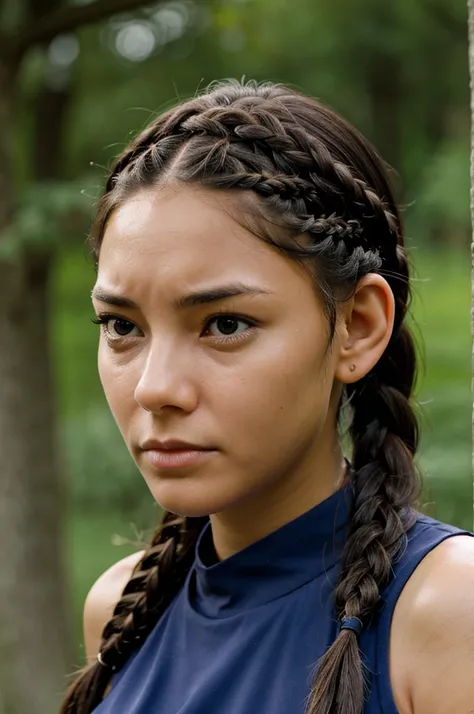 Make a photo of a woman with a sad facial expression, with her hair braided in two left and right braids