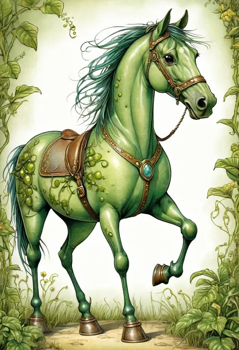 An illistration of a horse with grasshopper legs in style of Tony Diterlizzi.